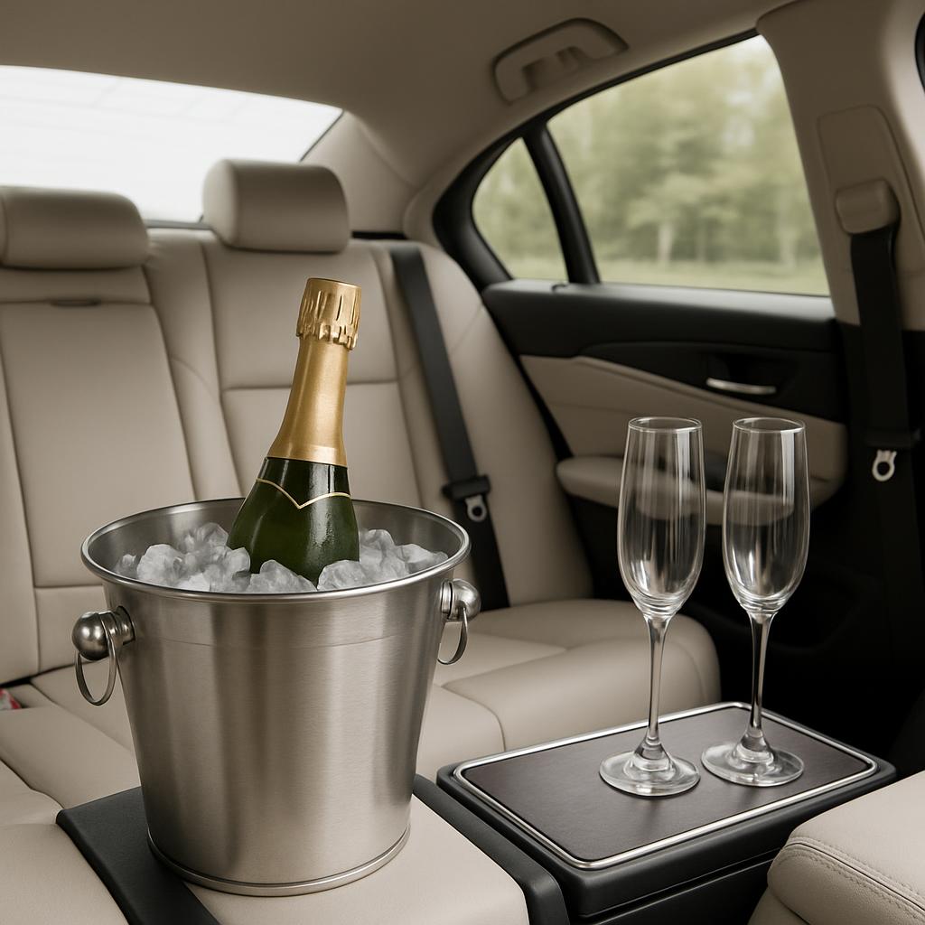 Car interior with champagne and glasses in ice bucket.